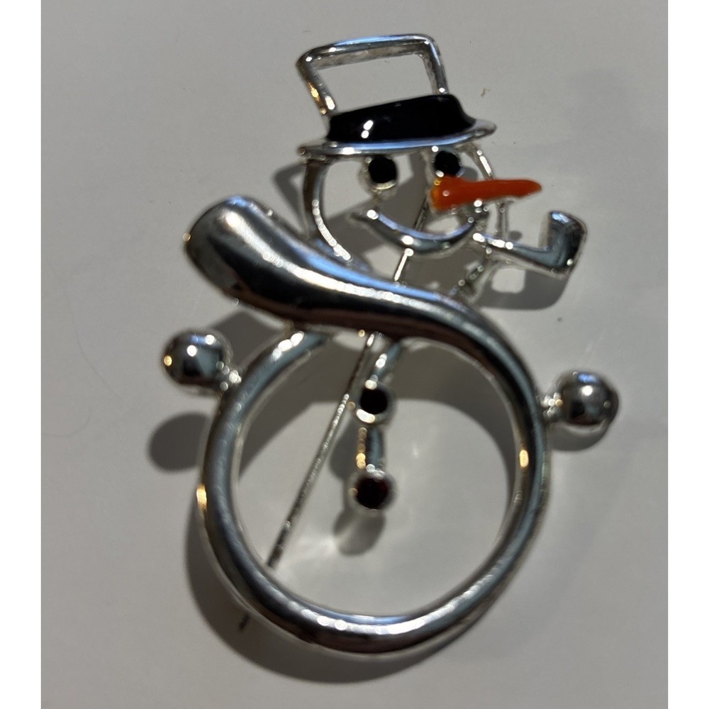 Christmas Snowman Outline Enameled Silver Pin Brooch 3"